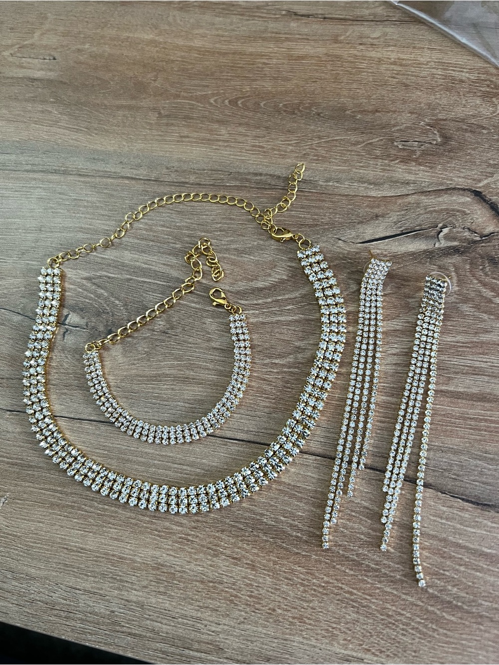 Gold Crystal Rhinestone Necklace, Bracelet & Drop Earrings Set